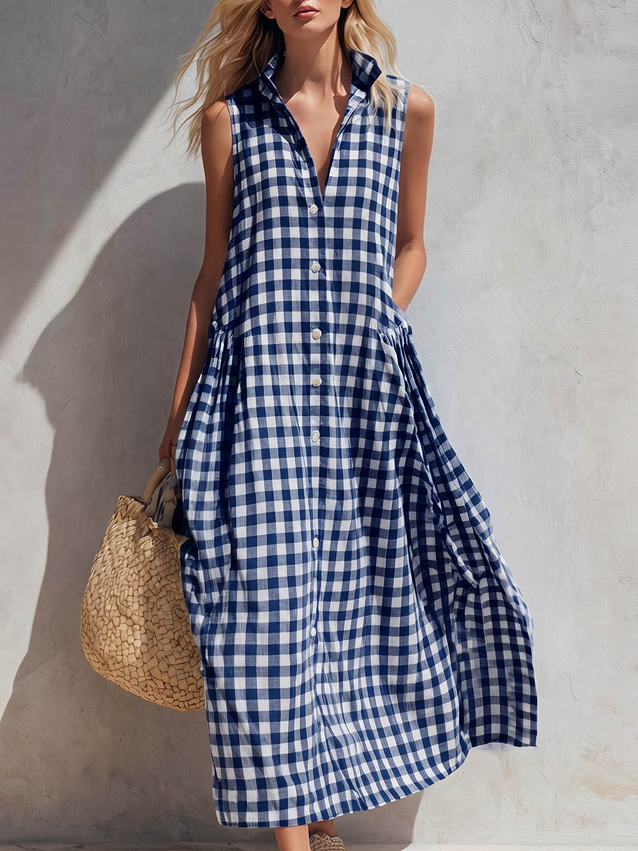 Soraya | Linen Sleeveless Gingham Shirt Dress