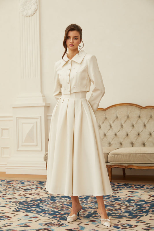 Pleated Skirt and Pearl Embellished Cropped Jacket Two-Piece Set