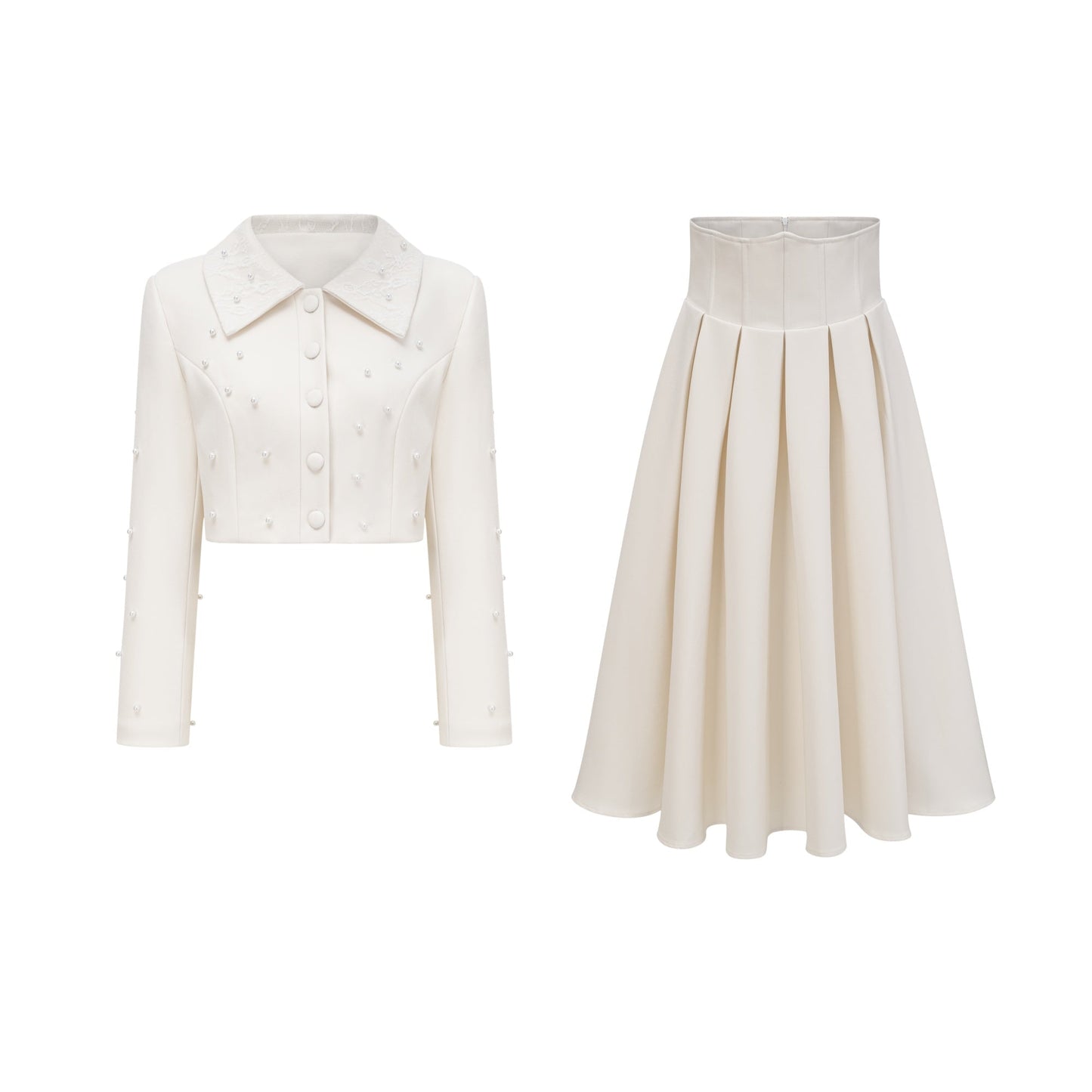 Pleated Skirt and Pearl Embellished Cropped Jacket Two-Piece Set