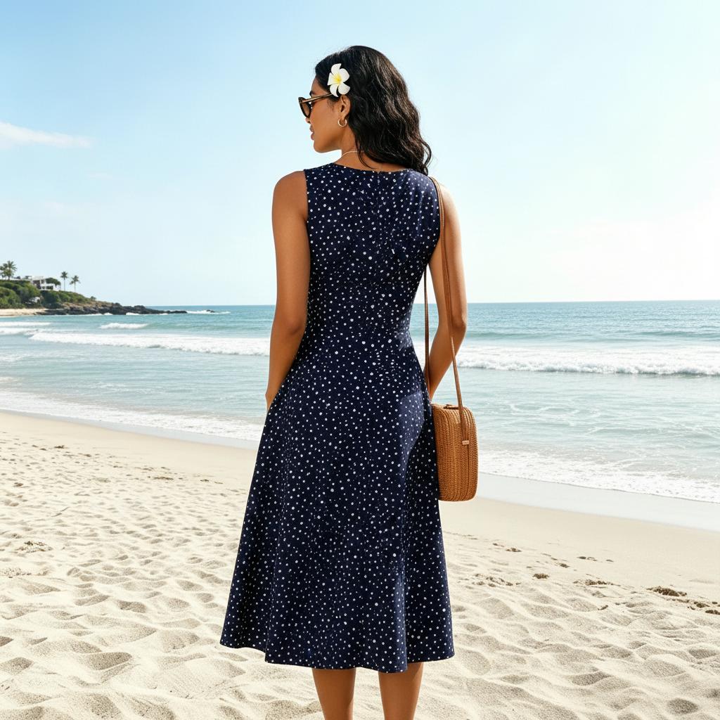 Fit and Flare Polka Dot Midi Dress with Round Neck