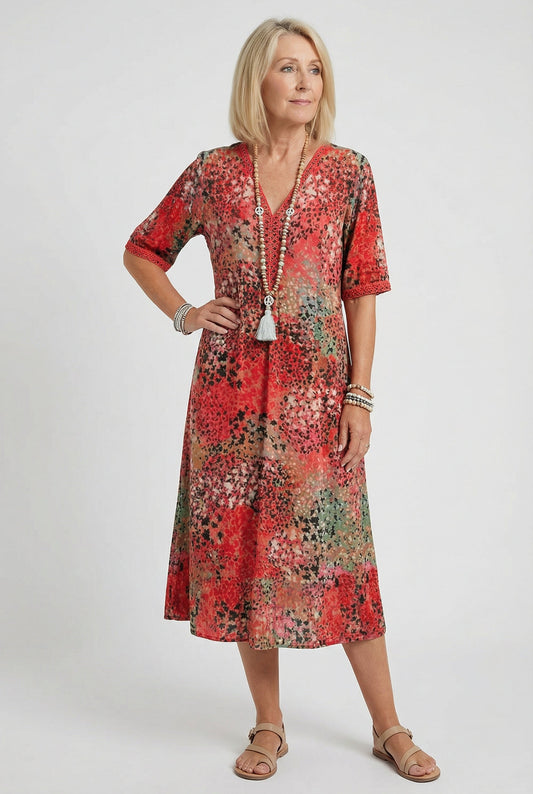 Relaxed Floral Print Midi Dress with Pockets — Short Sleeve