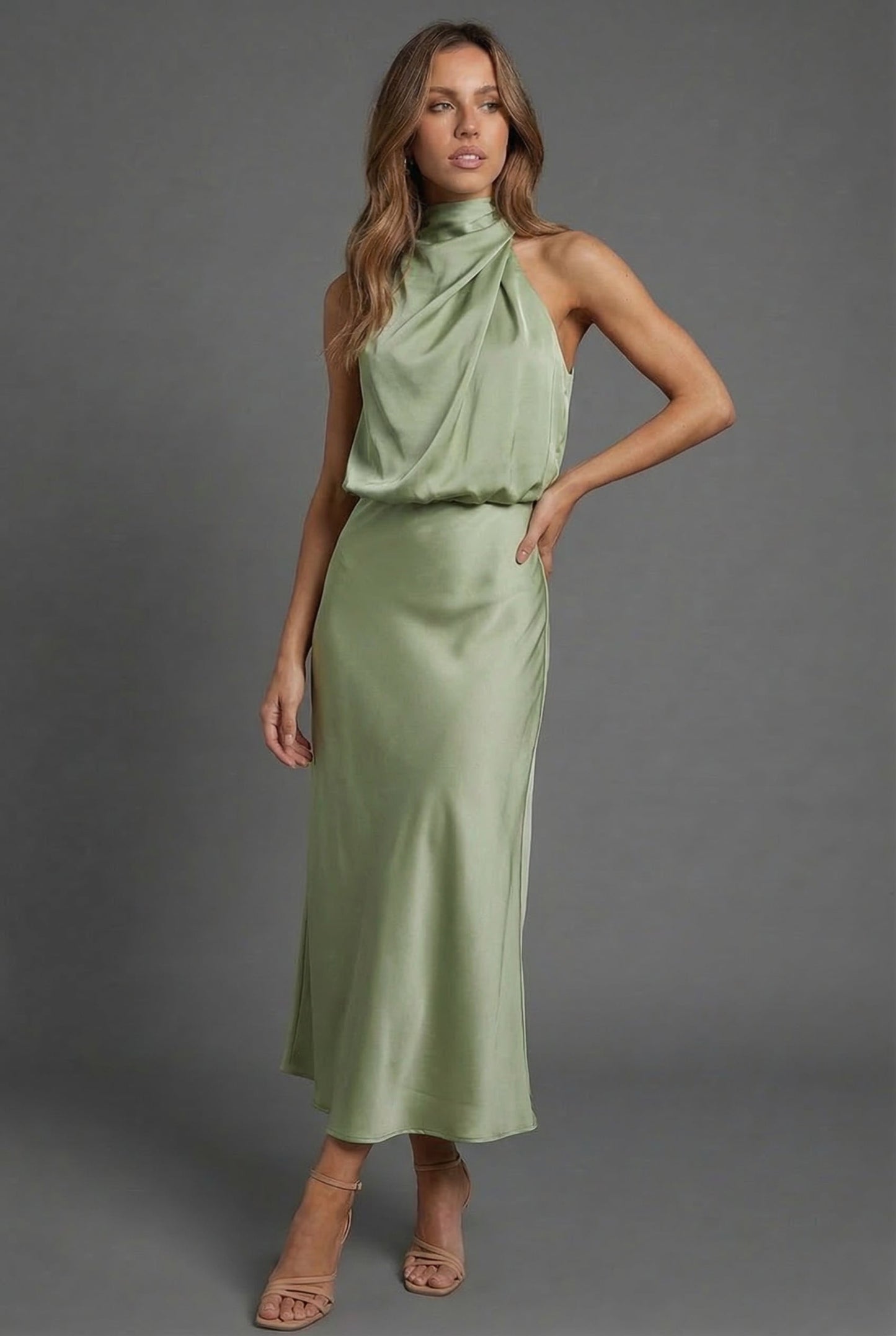 Halterneck Draped Satin Midi Dress — Sleeveless