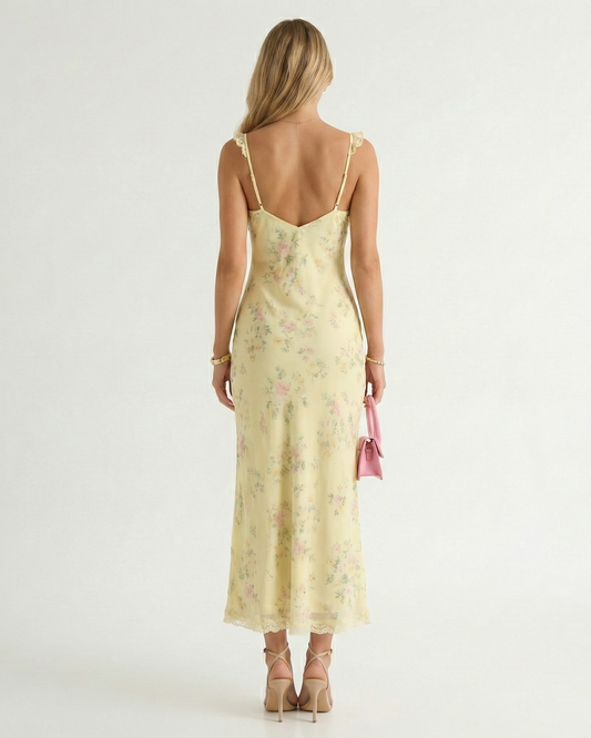 V-Neck Backless Floral Print Midi Beach Dress with Spaghetti Straps