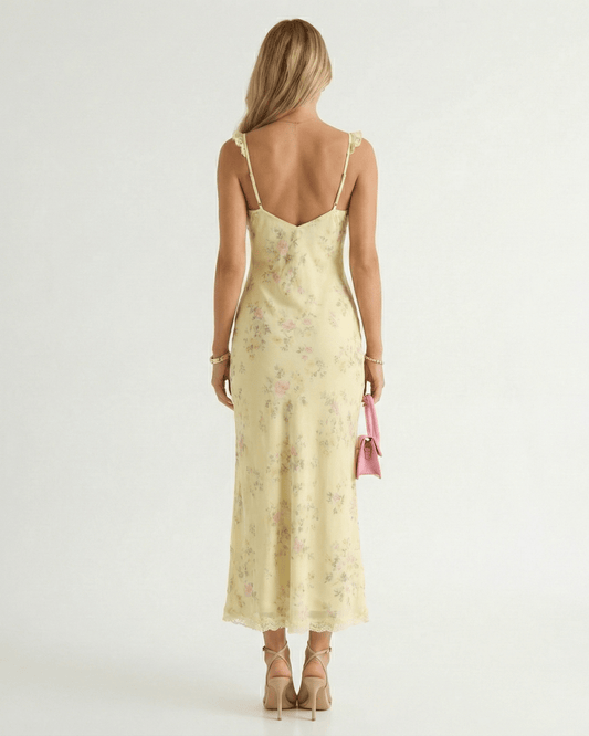 V-Neck Backless Floral Print Midi Beach Dress with Spaghetti Straps