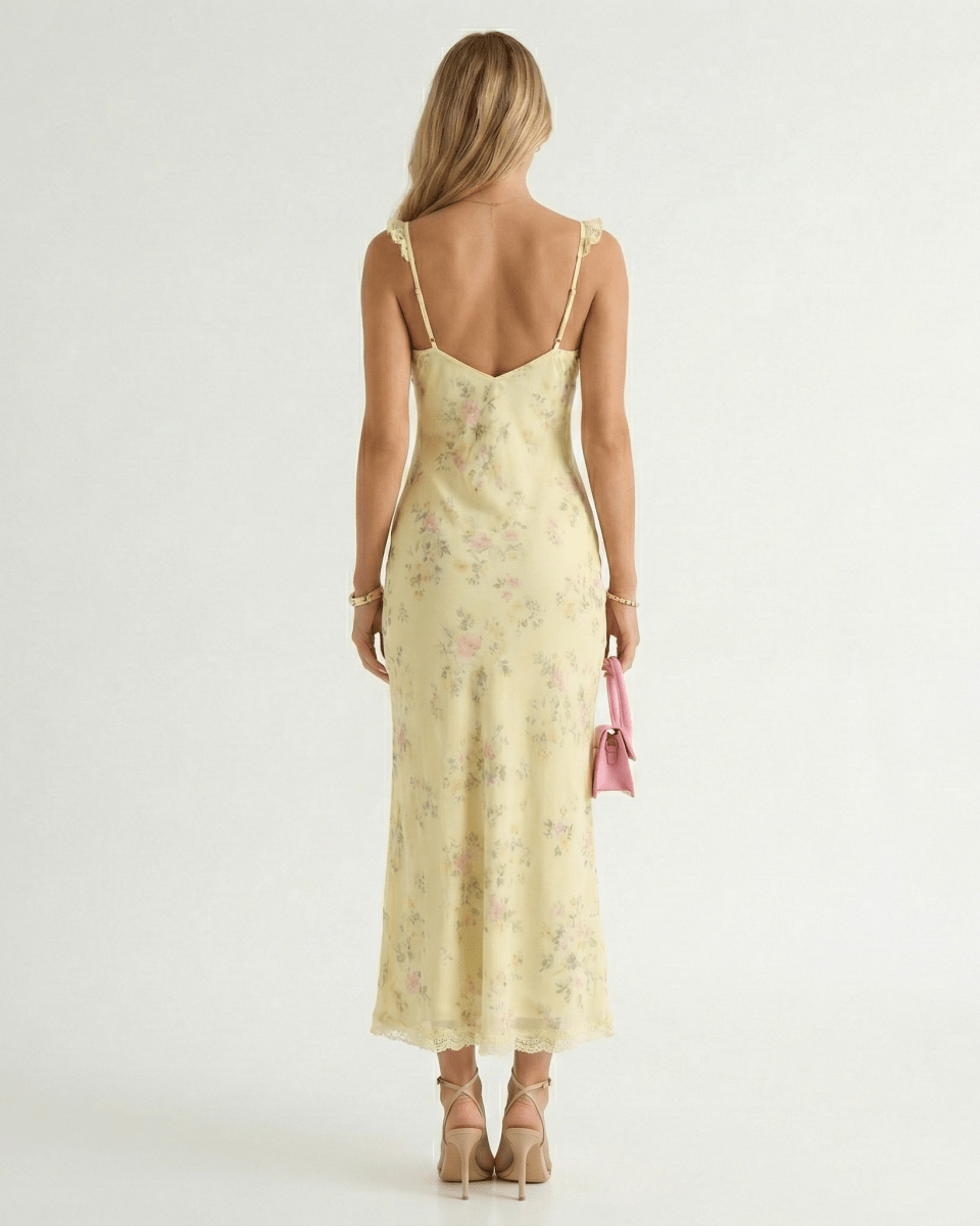 V-Neck Backless Floral Print Midi Beach Dress with Spaghetti Straps