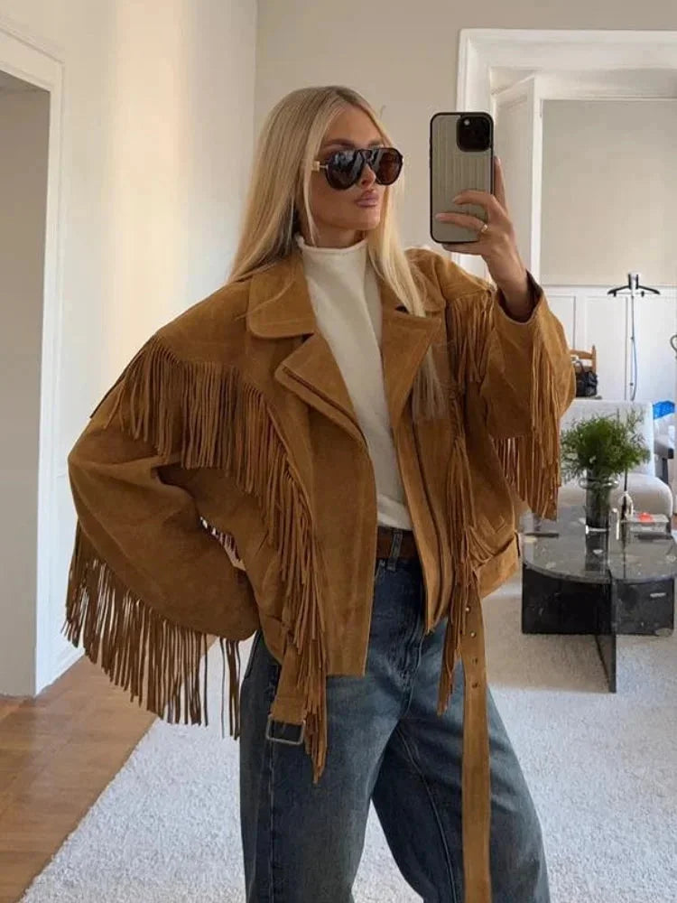 Lia | Women's Brown Suede Fringe Jacket