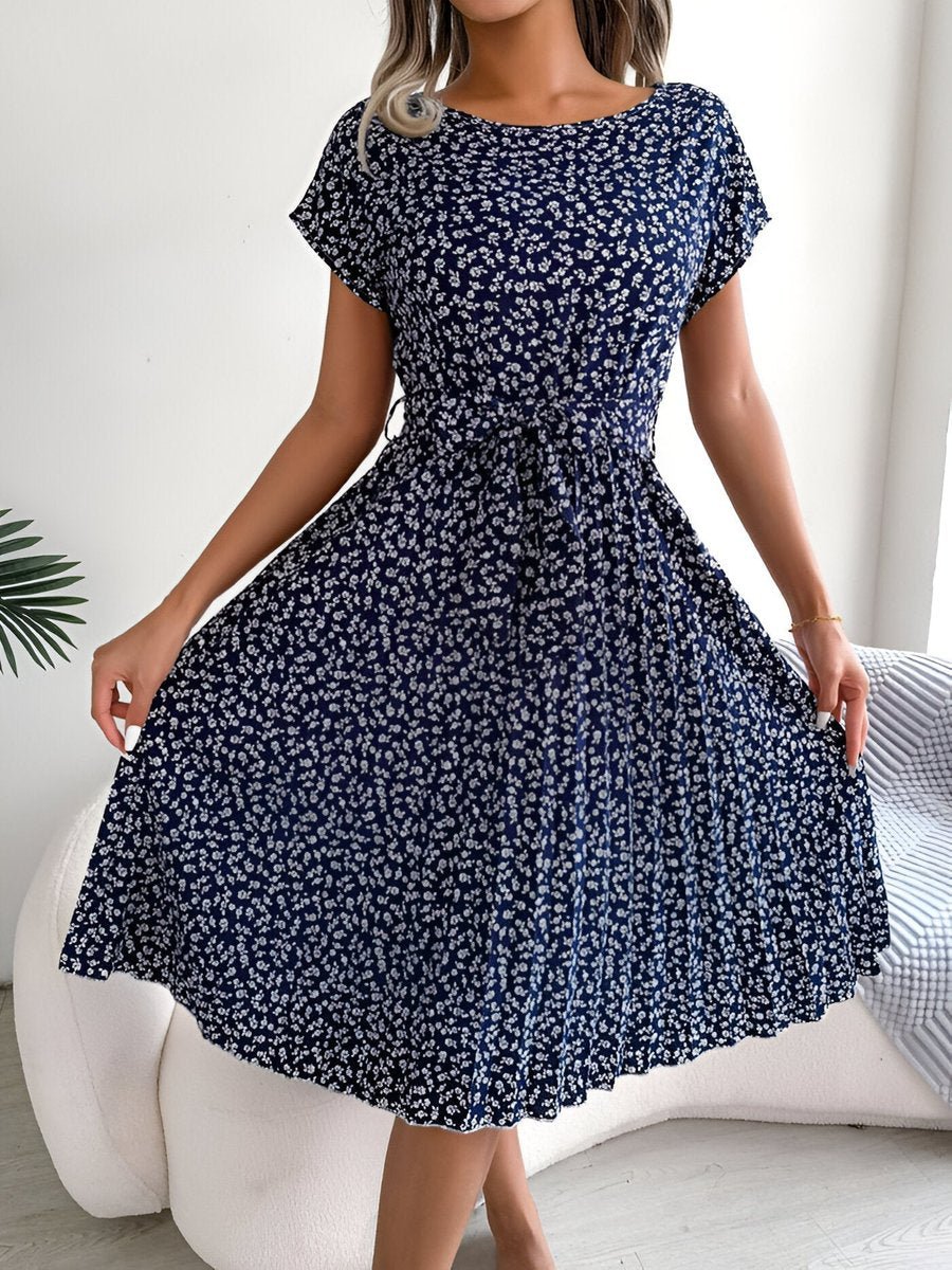 Emma | Women's Ditsy Floral Pleated A-Line Belted Midi Dress
