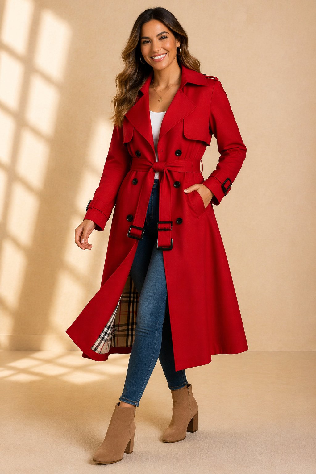 Philippa | Long Double Breasted Trench Coat Check Lining