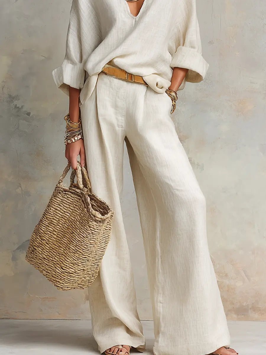 Luna | Women's Relaxed Linen V-Neck Wide Leg Pants Set