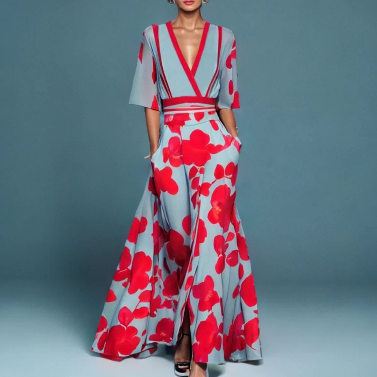 Layla | Women's V-Neck Wrap Floral A-Line Midi Dress