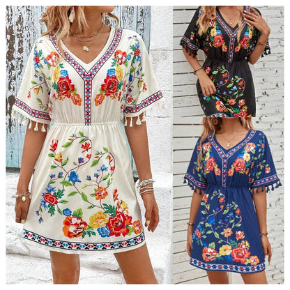 Isla | Boho Floral Tassel Mini Dress Women