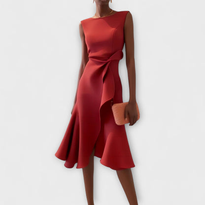 Solvara | Sleeveless Draped Asymmetrical Hem Midi Dress