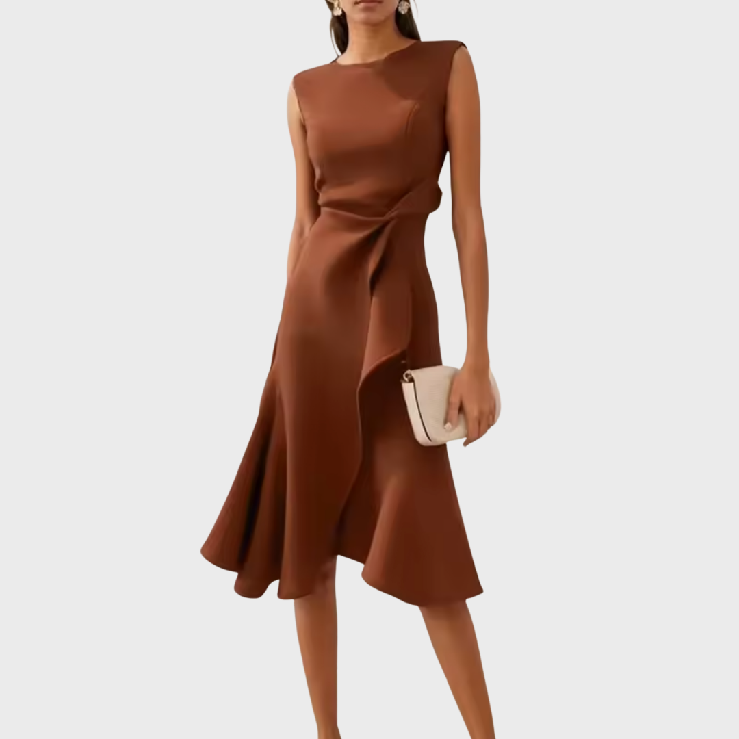 Solvara | Sleeveless Draped Asymmetrical Hem Midi Dress