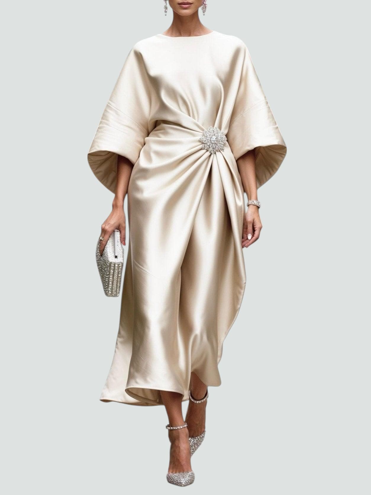 Capella | Draped Cape Sleeve Brooch Formal Maxi Gown