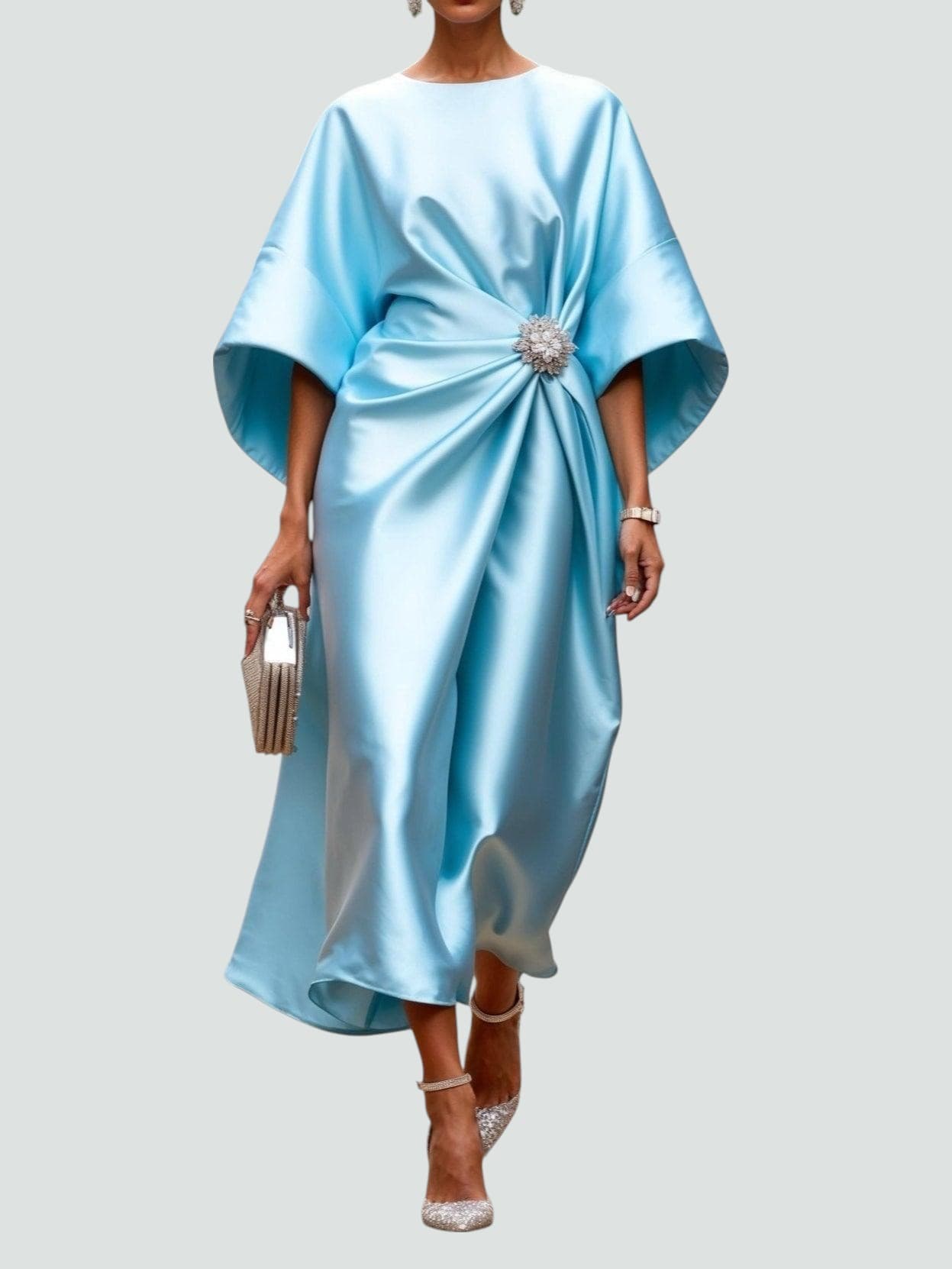 Capella | Draped Cape Sleeve Brooch Formal Maxi Gown