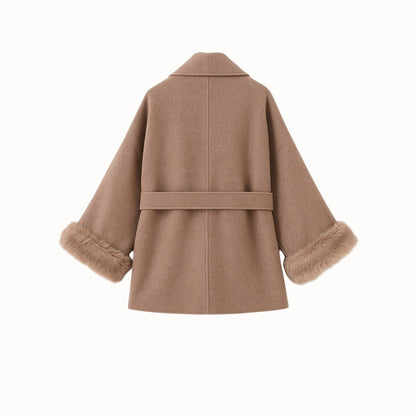 Lara | Belted Wool-Cashmere Coat with Fur Cuffs – Brown