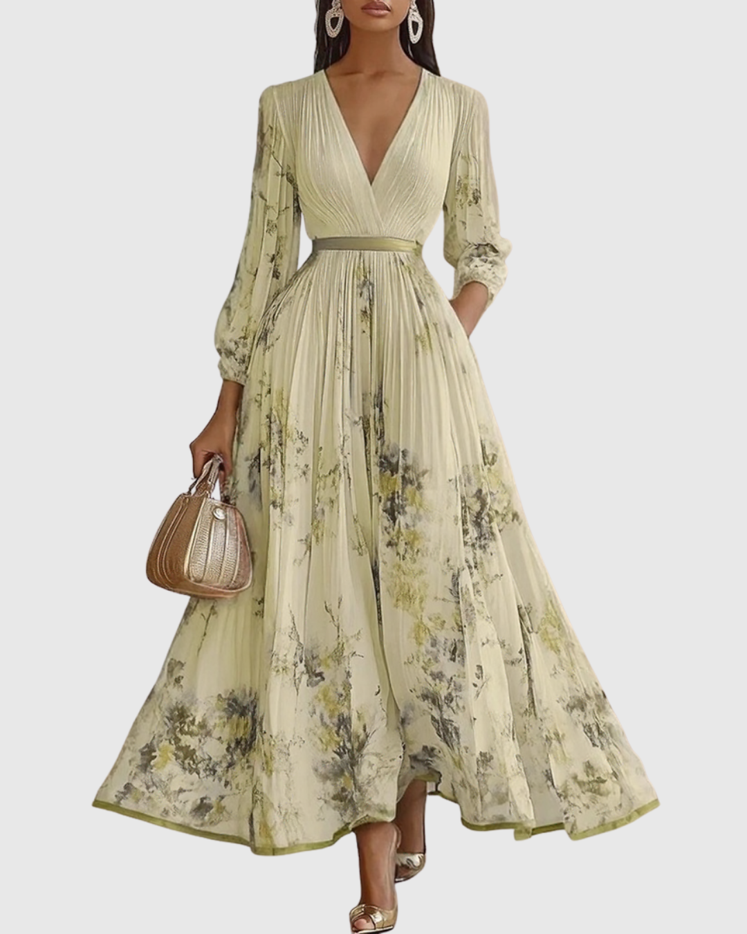 Plyssara | Printed Pleated Deep V Occasion Maxi Dress