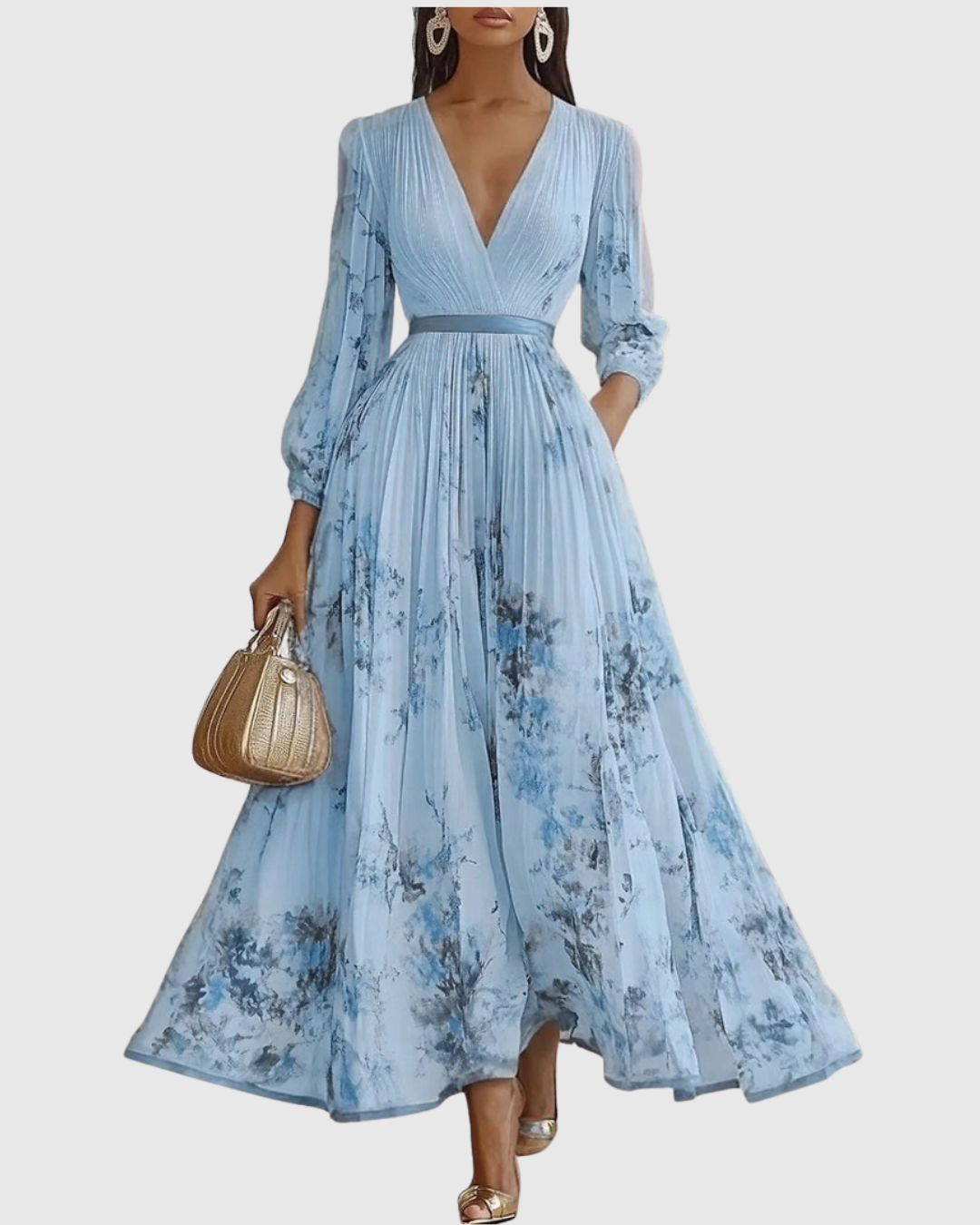 Plyssara | Printed Pleated Deep V Occasion Maxi Dress