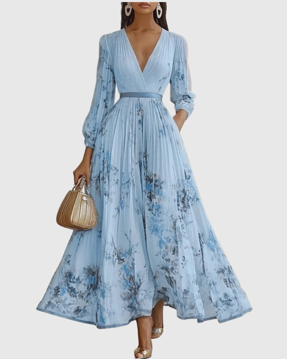 Plyssara | Printed Pleated Deep V Occasion Maxi Dress