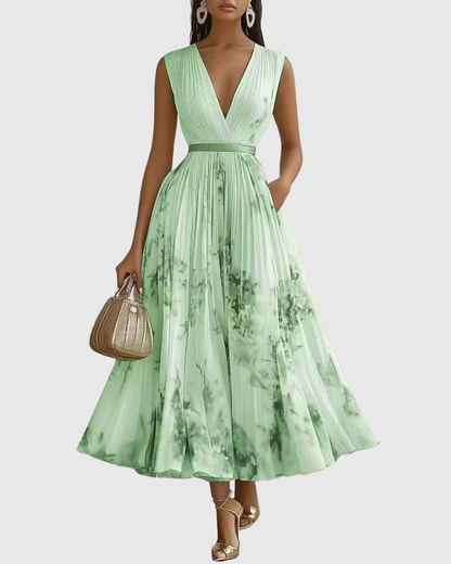 Plyssara | Printed Pleated Deep V Occasion Maxi Dress