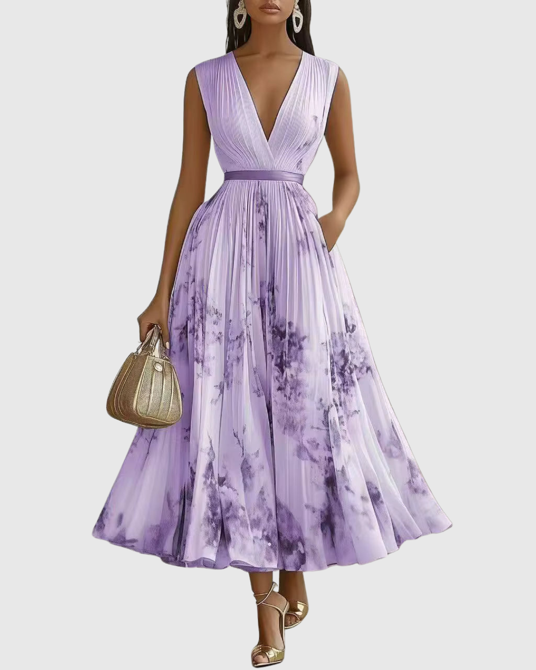 Plyssara | Printed Pleated Deep V Occasion Maxi Dress