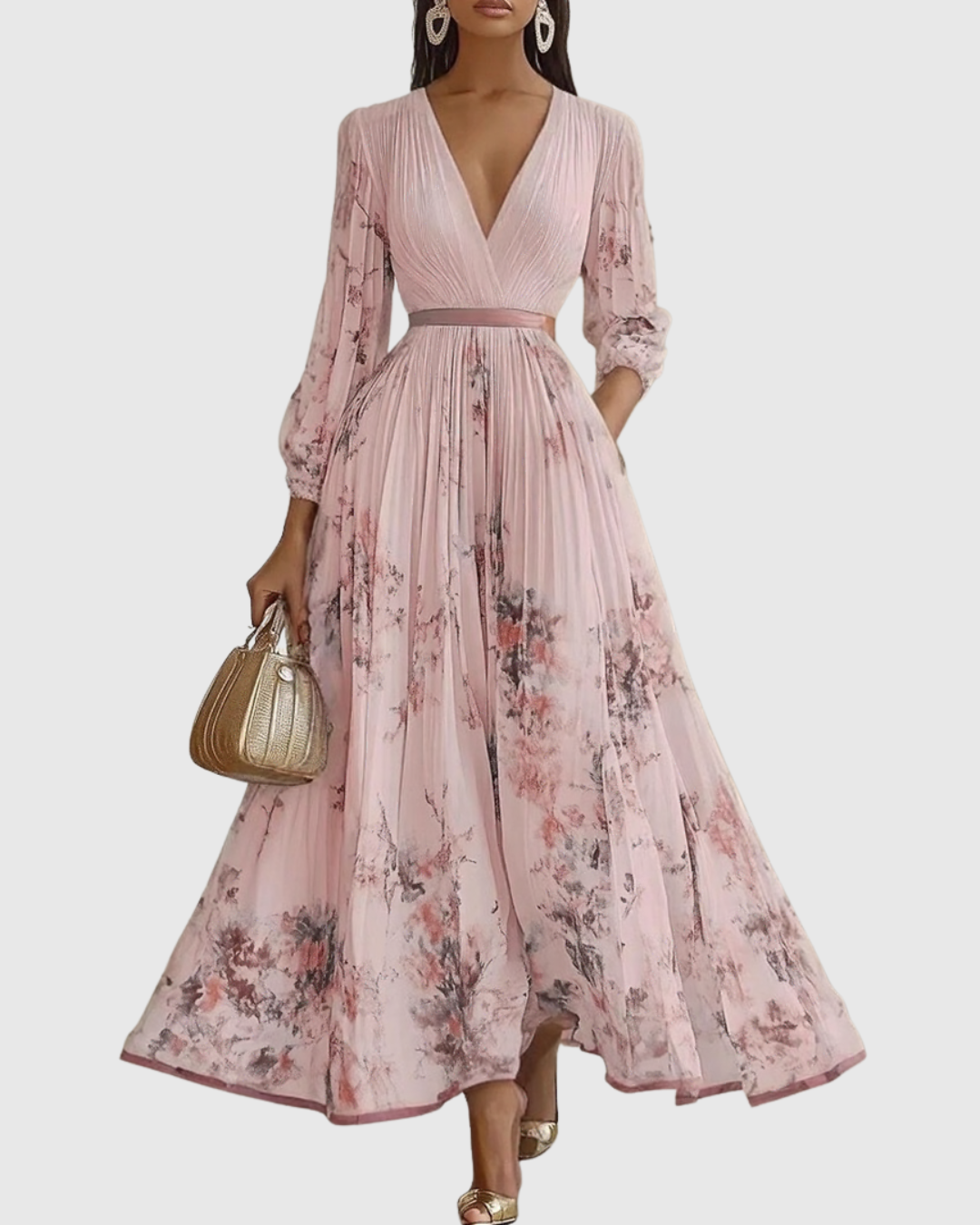 Plyssara | Printed Pleated Deep V Occasion Maxi Dress