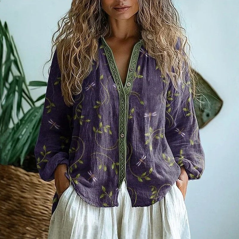 Elise Laurent | Women's Botanical Print Linen Blouse