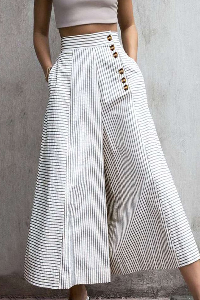 Rebecca | High Waist Lightweight Cotton Blend Striped Leg Trousers with Pockets