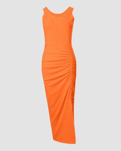 Kessara | Side Slit Ruched Sleeveless Bodycon Maxi Dress