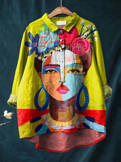 Nyla | Portrait Print Linen Shirt