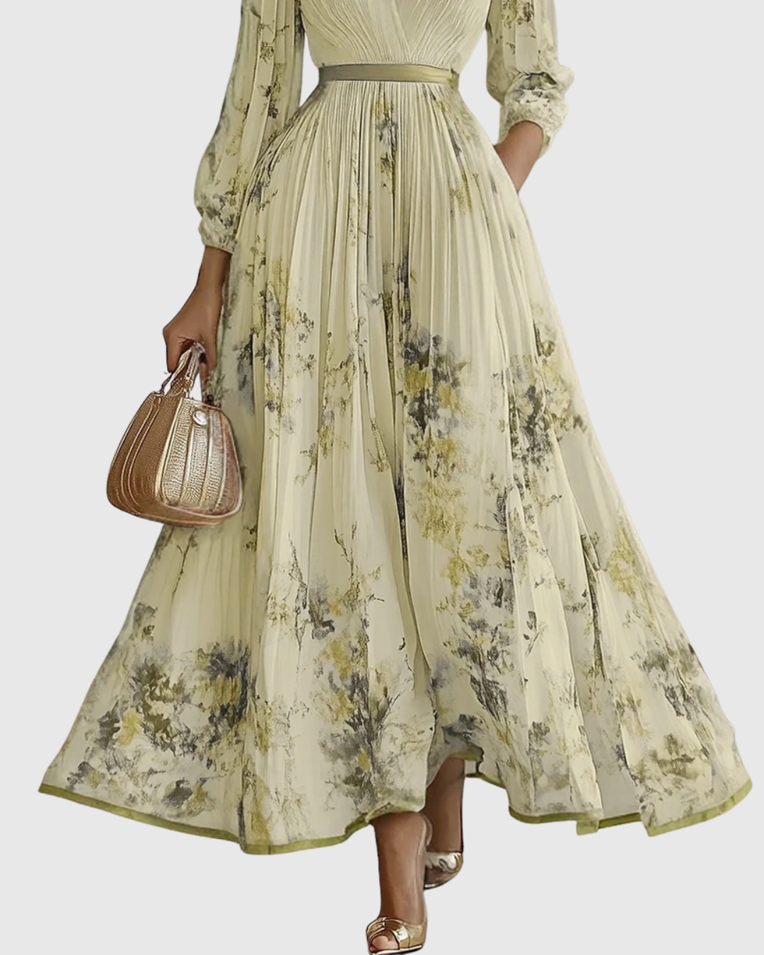 Plyssara | Printed Pleated Deep V Occasion Maxi Dress