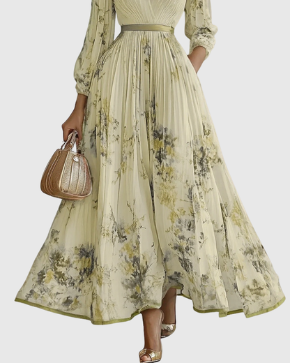 Plyssara | Printed Pleated Deep V Occasion Maxi Dress
