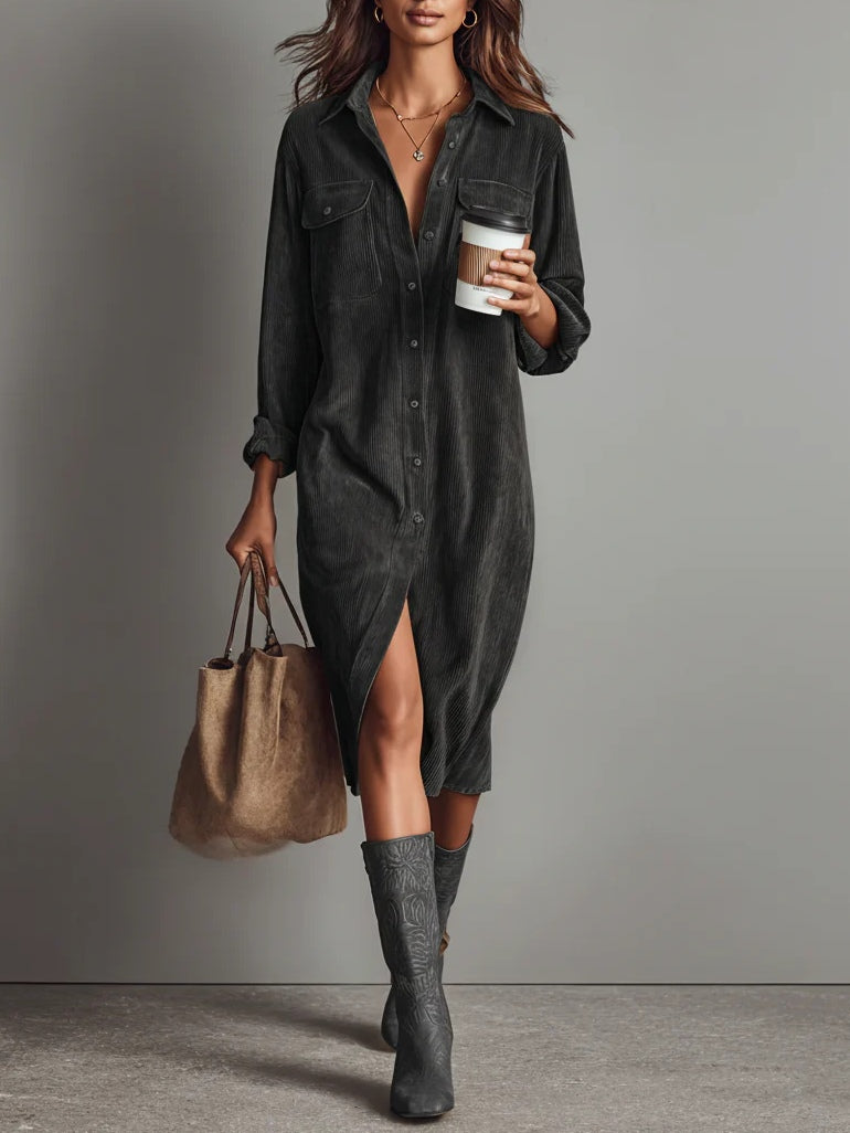 Lior | Corduroy Long-Sleeve Midi Shirt Dress
