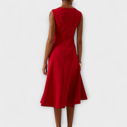 Solvara | Sleeveless Draped Asymmetrical Hem Midi Dress