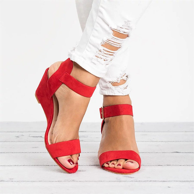 Rochelle | Women's Casual Wedge Sandals - Faux Leather - Open Toe - Ankle Strap