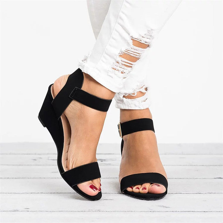 Rochelle | Women's Casual Wedge Sandals - Faux Leather - Open Toe - Ankle Strap