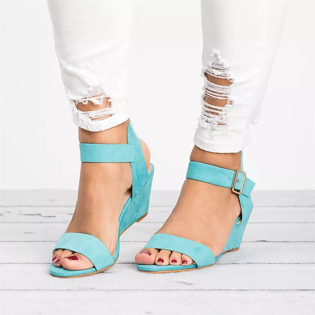 Rochelle | Women's Casual Wedge Sandals - Faux Leather - Open Toe - Ankle Strap