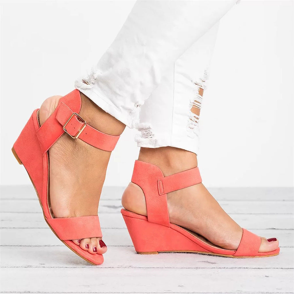 Rochelle | Women's Casual Wedge Sandals - Faux Leather - Open Toe - Ankle Strap