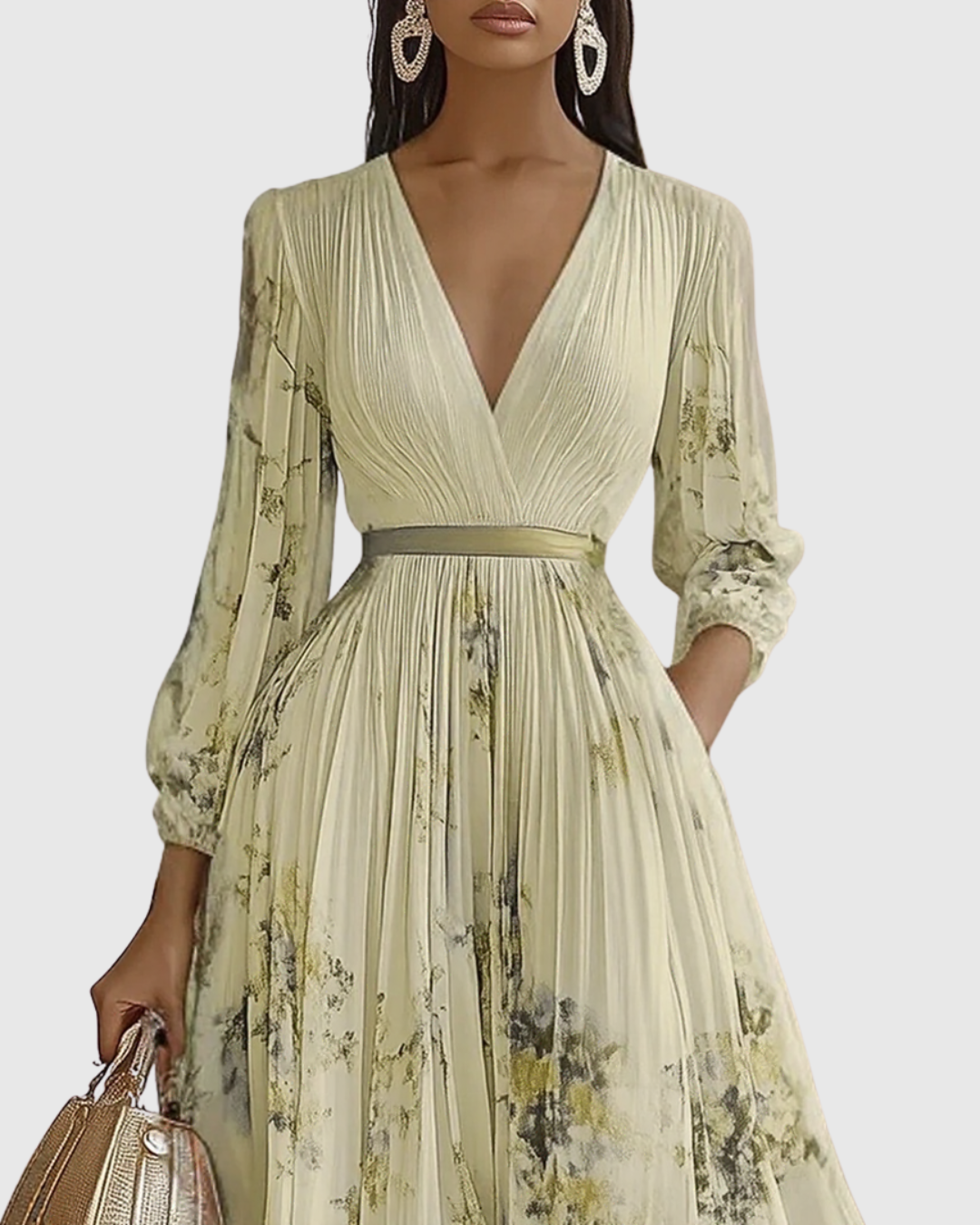 Plyssara | Printed Pleated Deep V Occasion Maxi Dress