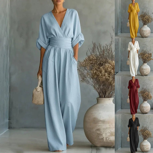 Portia | Wide-Leg Linen V-Neck Jumpsuit Women