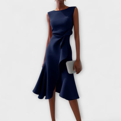 Solvara | Sleeveless Draped Asymmetrical Hem Midi Dress