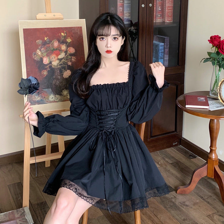 Square Neck Lace-Up Mini Dress For Women