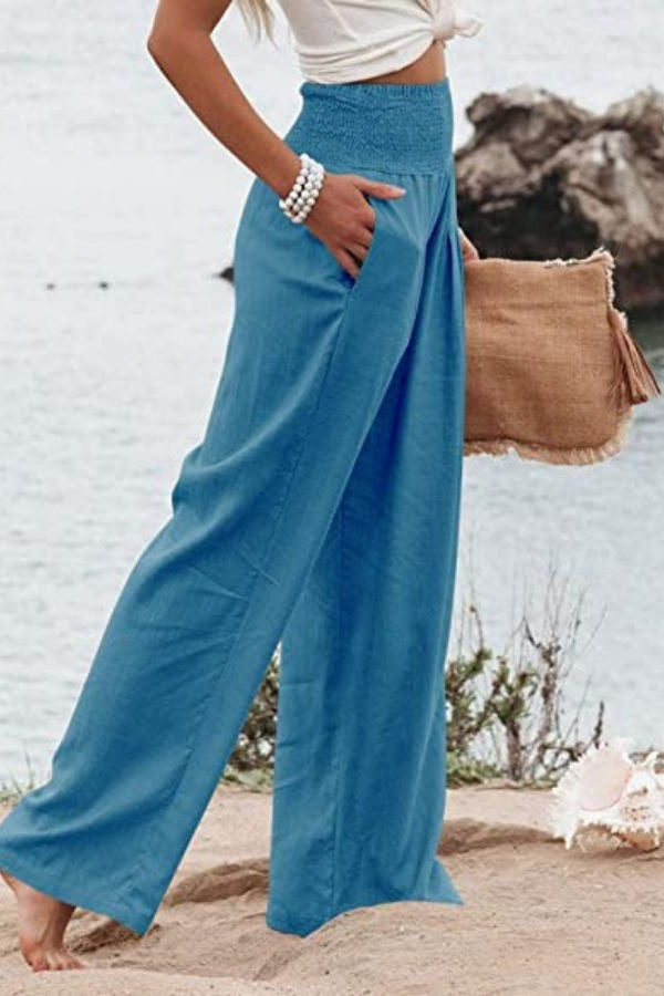 Pam | High-Waisted Smocked Waist Trousers - Lightweight & Flowing Fit