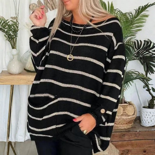 Bryony | Oversized Striped Knit Sweater Pockets Button Cuffs
