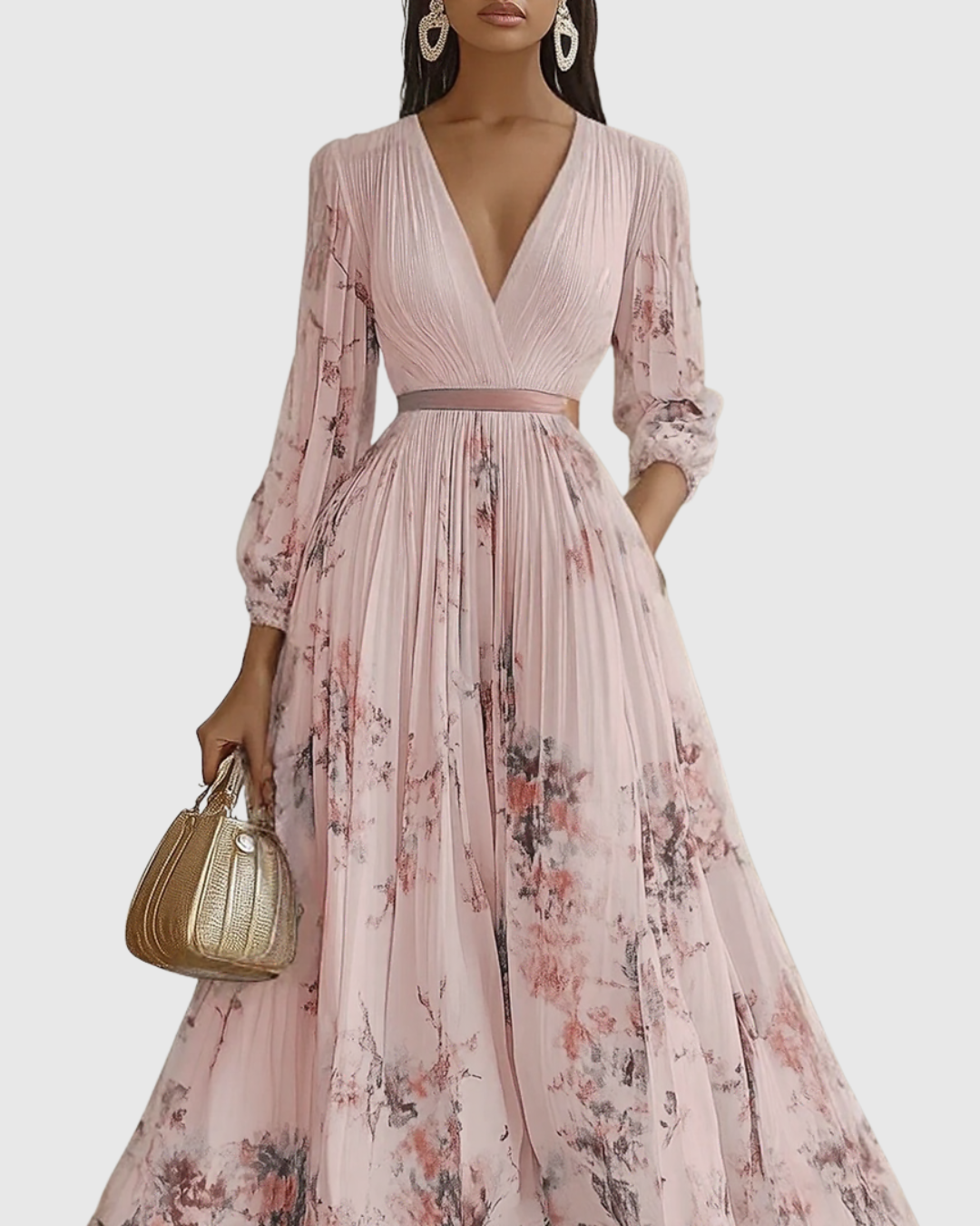 Plyssara | Printed Pleated Deep V Occasion Maxi Dress