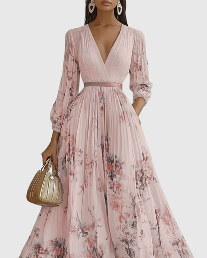 Plyssara | Printed Pleated Deep V Occasion Maxi Dress