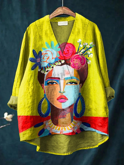 Nyla | Portrait Print Linen Shirt