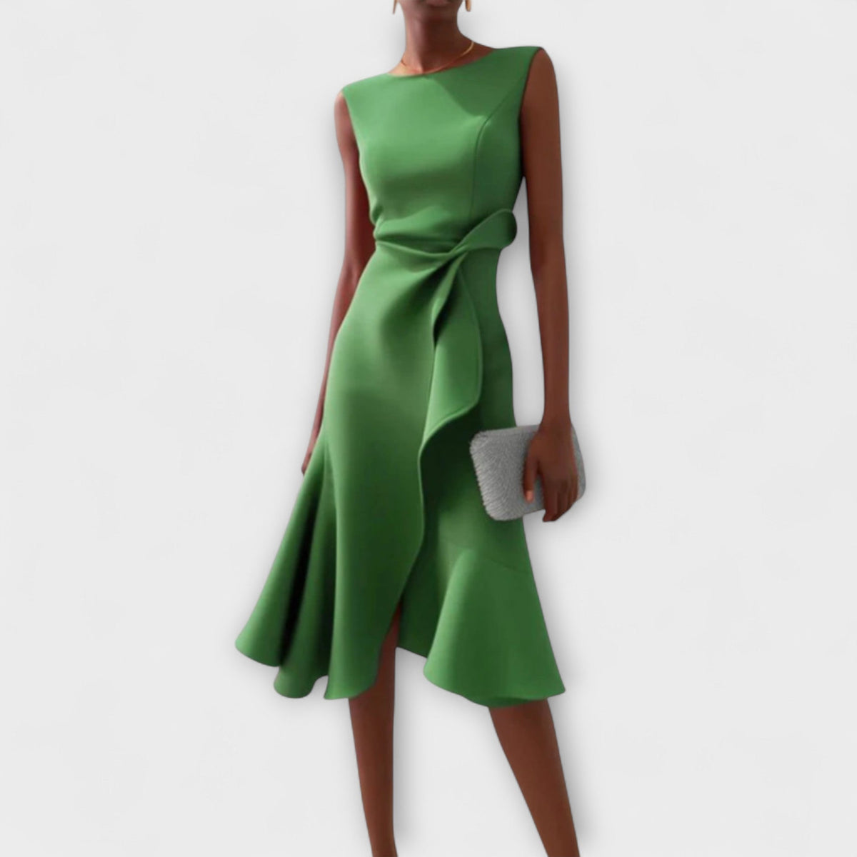 Solvara | Sleeveless Draped Asymmetrical Hem Midi Dress