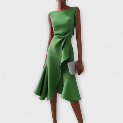 Solvara | Sleeveless Draped Asymmetrical Hem Midi Dress