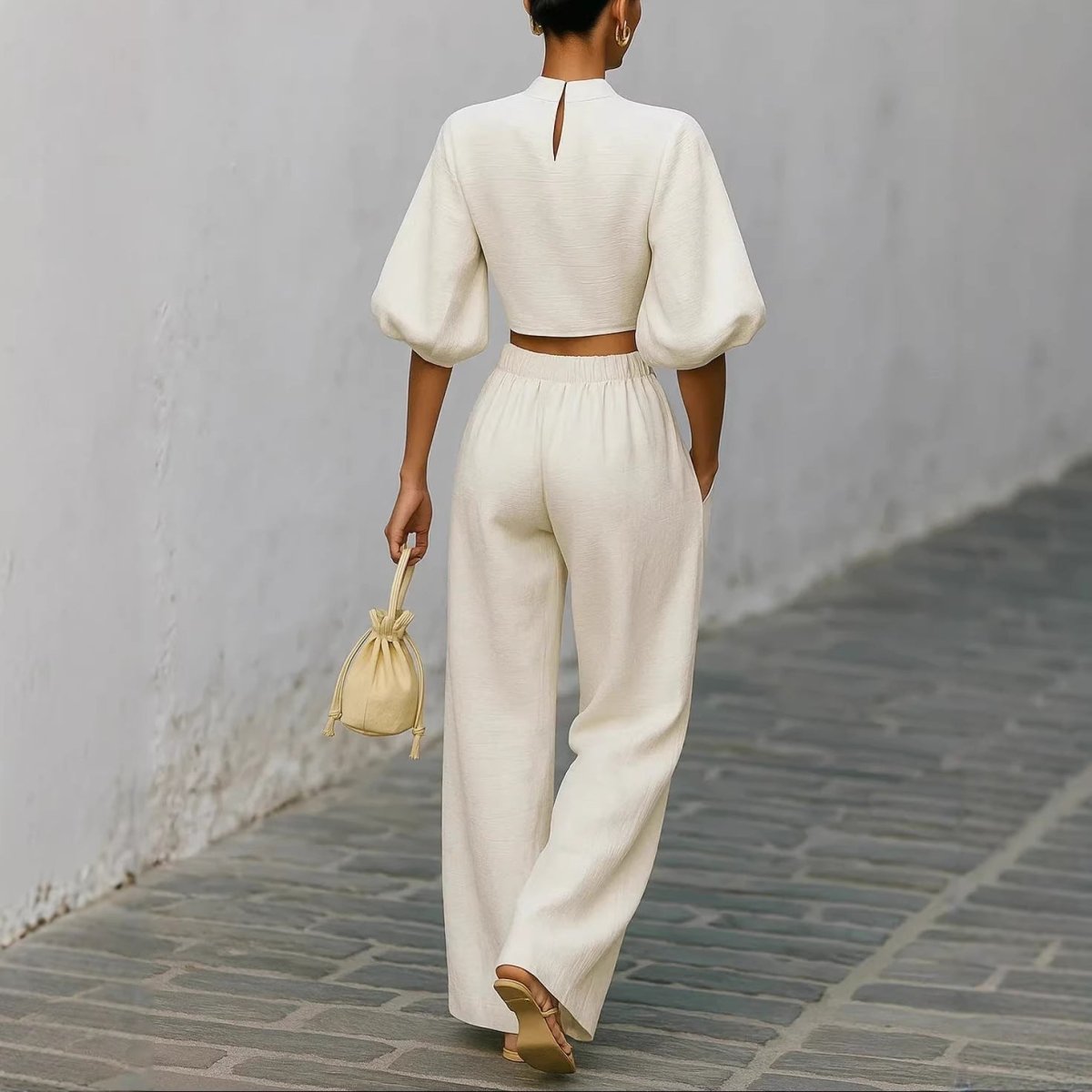 Neve | White Textured Crop Top Wide-Leg Set Women